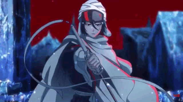 a woman in a white cape is holding a sword in her hand .