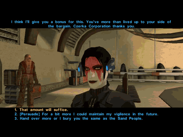 a screenshot of a video game with a woman with red paint on her face