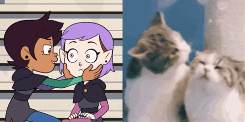 a cartoon of a girl petting another girl 's face and a picture of a cat kissing another cat