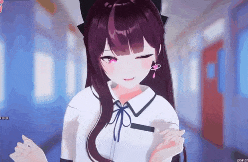 a girl with long purple hair is wearing a white shirt and bow tie .