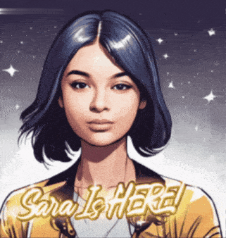 a cartoon drawing of a woman with the words sara is here behind her