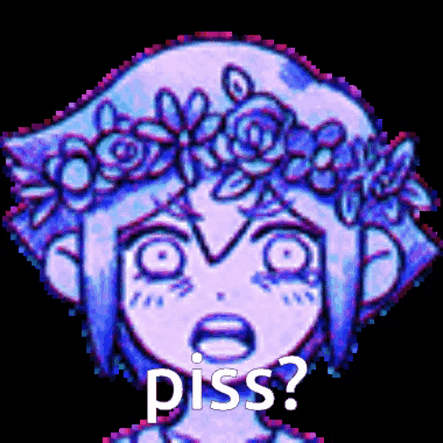 a pixel art of a girl with a flower crown on her head and the words piss