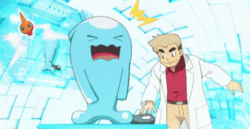 a man in a lab coat standing next to a cartoon character