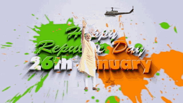 a man stands in front of a helicopter that says happy republic day