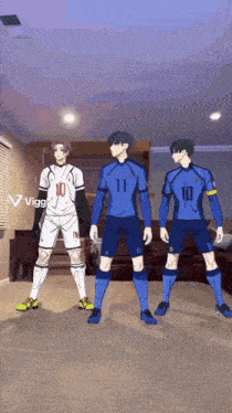 three soccer players are standing in a living room and one has the number 11 on their jersey