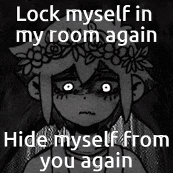 a black and white drawing of a girl with a flower crown on her head with the words lock myself in my room again