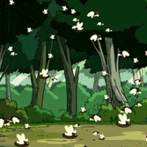 a cartoon of a forest with trees and flowers flying in the air