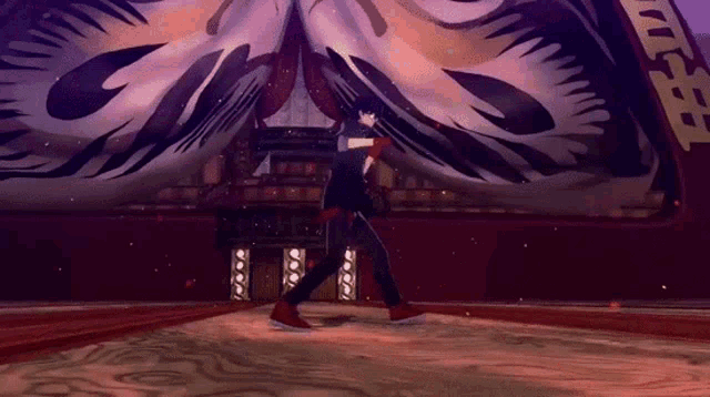 a person in a video game is walking in front of a large painting