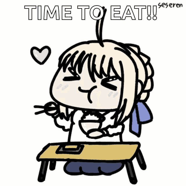 a cartoon of a girl sitting at a table with a heart and the words time to eat below her