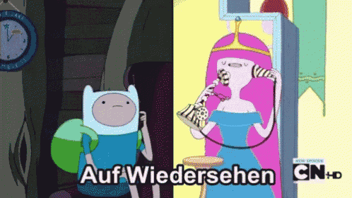 a cartoon shows finn and princess bubblegum talking on a phone and the words auf wiedersehen cn+d