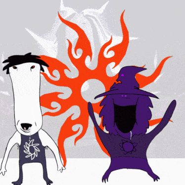 a cartoon drawing of a dog and a wizard with a sun in the background