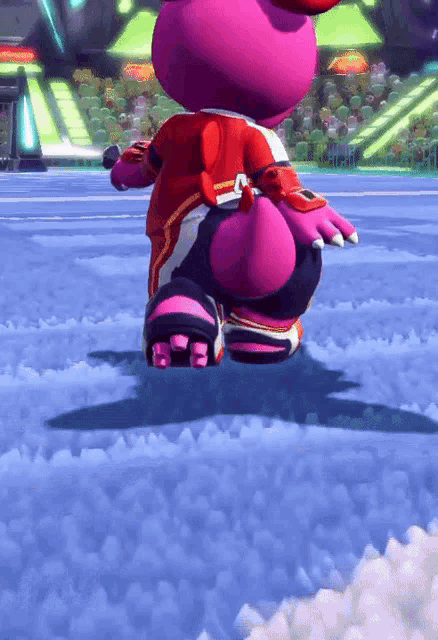 a purple teddy bear is jumping in the air on a blue carpet