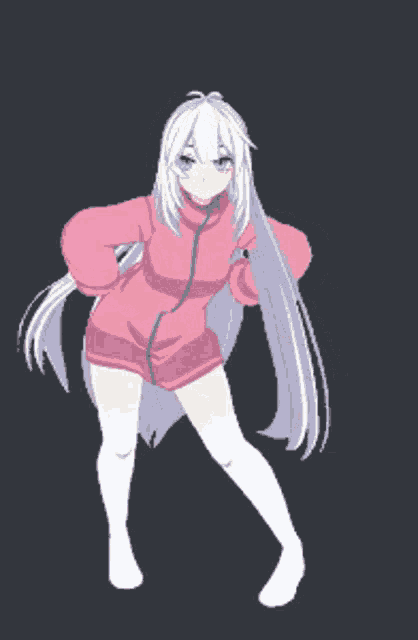 a girl with long white hair is dancing in a pink outfit