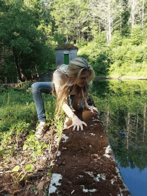 a woman is crawling on a wall near a pond