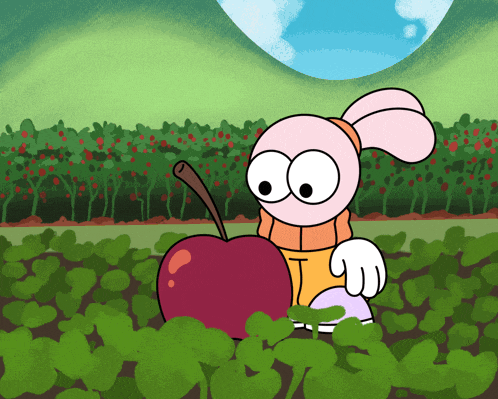 a cartoon character holding a large red apple in a field