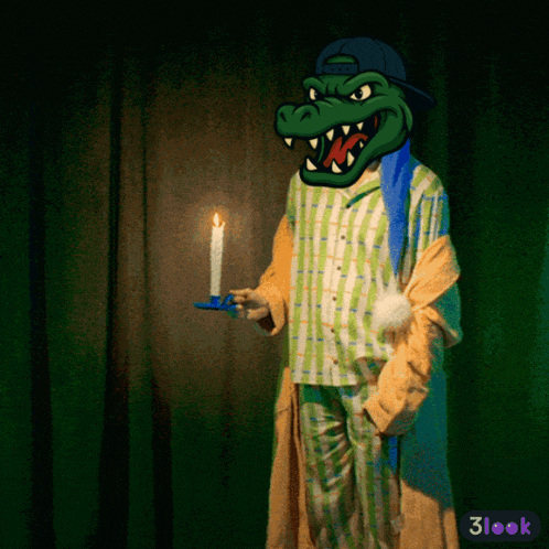 a cartoon of a crocodile holding a lit candle with 3look in the corner