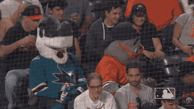 a mascot for the san francisco sharks is sitting in the stands with fans