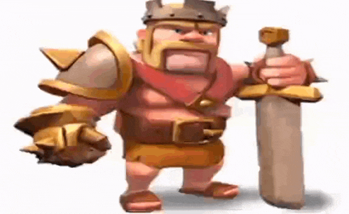 clash of clans barbarian king is holding a sword and a crown .