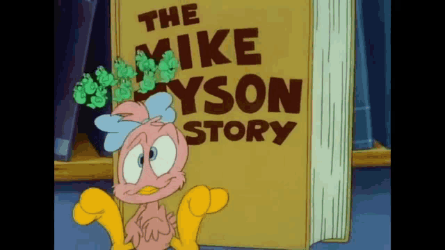 a cartoon character holding a book called the mike dyson story