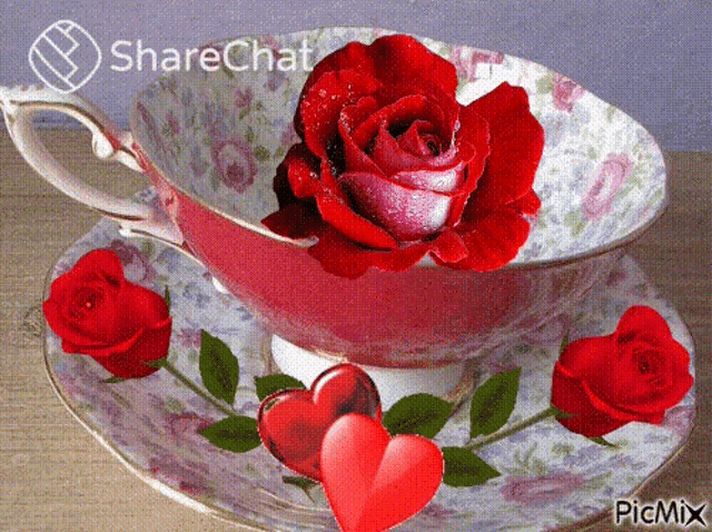 a cup of tea with a red rose and two hearts on it