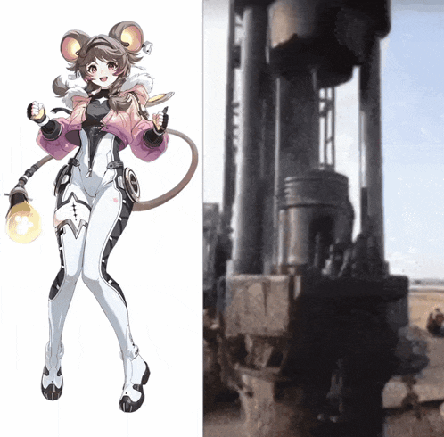 a picture of a girl in a mouse costume next to a picture of a large machine
