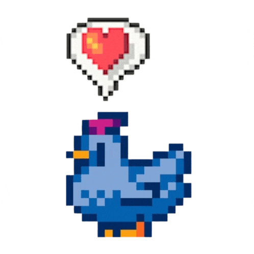 a pixel art chicken with a heart in a thought bubble .