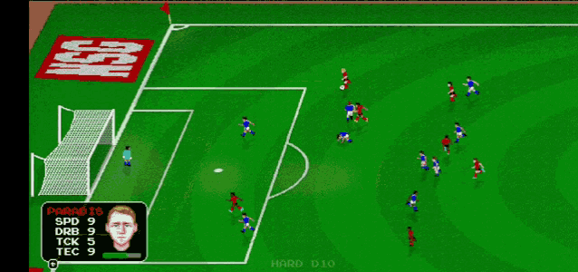 a soccer game is being played with replay in the upper left corner