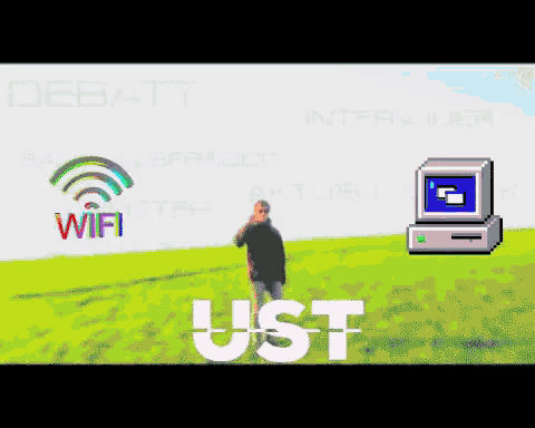 a man standing in a grassy field with the word ust in white letters