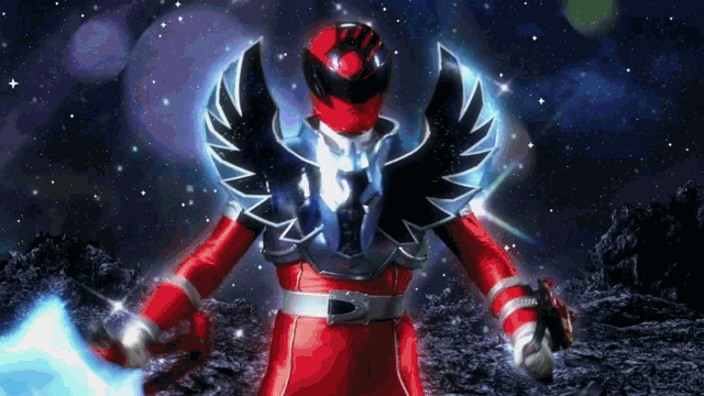 a red power ranger with black wings is holding a blue light