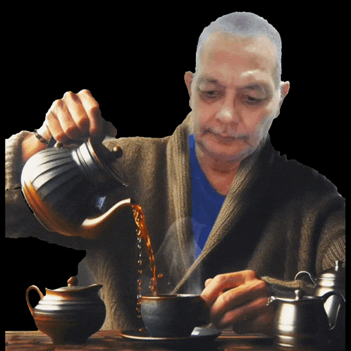 a man is pouring a cup of tea from a tea kettle