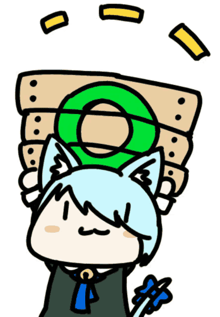 a cartoon drawing of a cat holding a green circle
