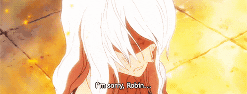 a woman with white hair says " i 'm sorry robin "