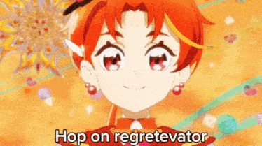 a cartoon girl with red hair and earrings is smiling and says `` hop on regretelator '' .