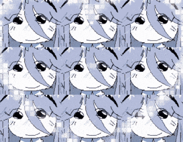 a pattern of drawings of a girl with purple hair and black eyes