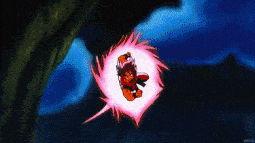 a cartoon character with red hair is flying through a pink circle .