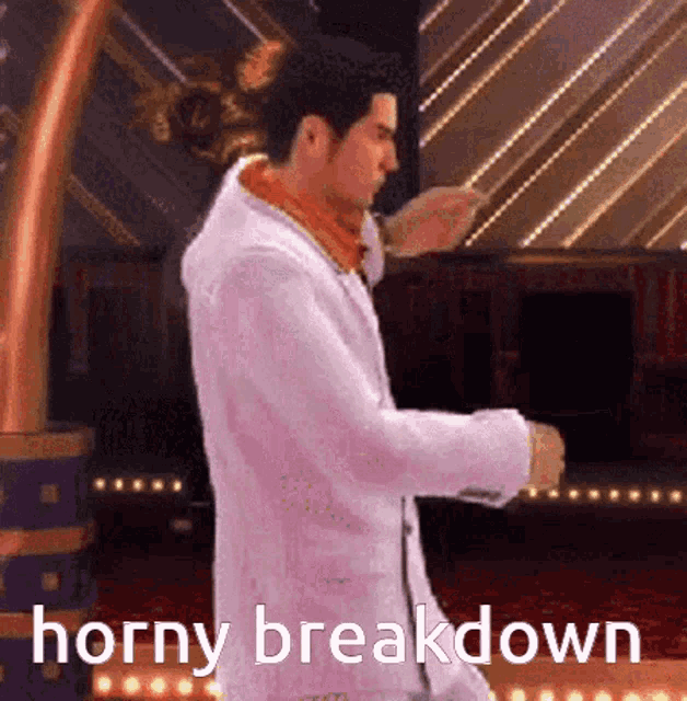 a man in a white suit is standing in front of a stage with the words horny breakdown written on the bottom .