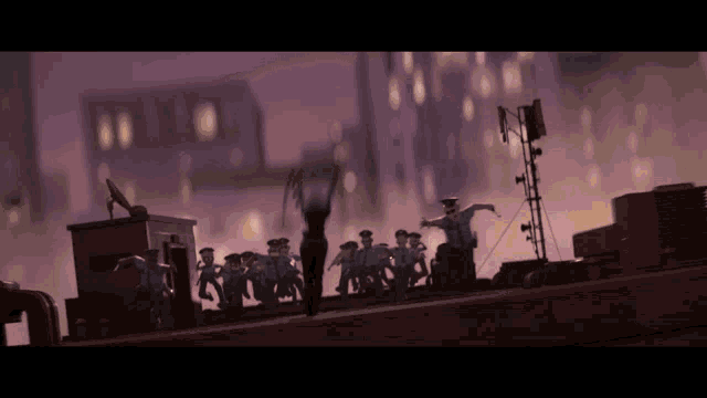 a group of toy police officers standing on a rooftop