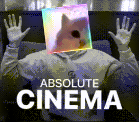 a person sitting in a chair with a cat on their head and the words absolute cinema behind them