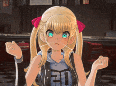 a blonde anime girl with green eyes and the number 21 on her shirt