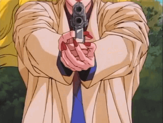 a woman with red nails is pointing a gun at someone