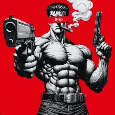 a man smoking a cigar and holding two guns with the word drip written on his face