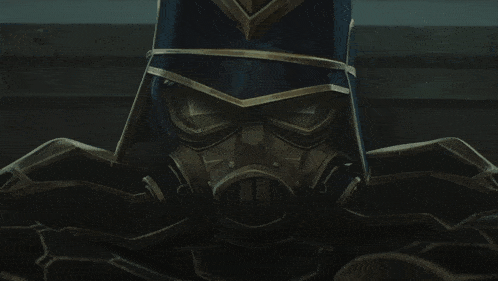 a man in a gas mask holding a knife with a smiley face on it