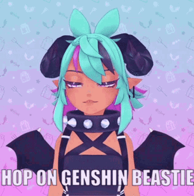a girl with horns and the words hop on genshin beastie on the bottom