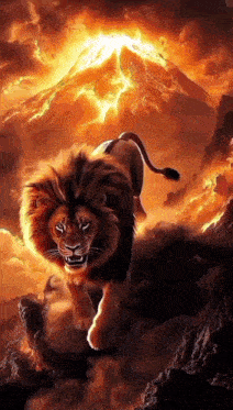 a lion is walking in front of a volcano with a mountain in the background .