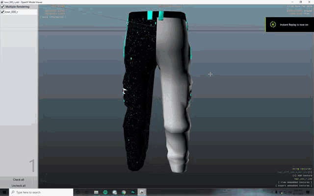 a computer screen shows a model of a pair of black and white pants being created