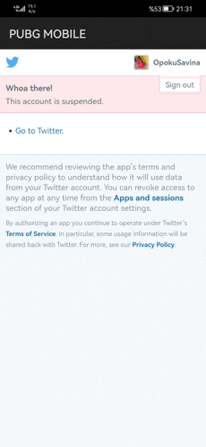 a screenshot of the pubg mobile app showing a twitter account suspended