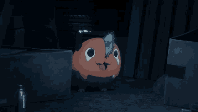a crying cartoon character with a chainsaw on his head
