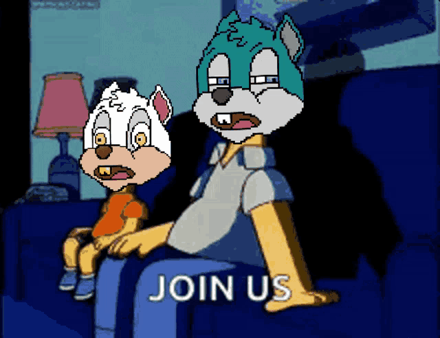 two cartoon characters are sitting on a couch with the words join us written below them