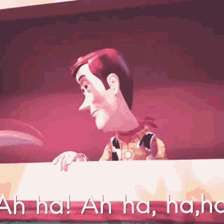 woody from toy story is laughing while looking over a table