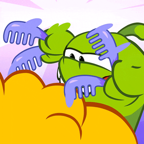 a green cartoon character with a comb in his mouth